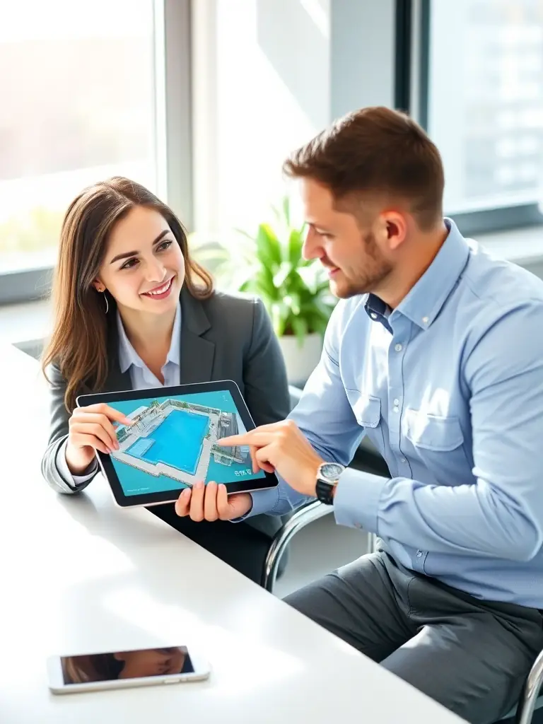 A friendly consultant discussing pool design options with a client, showcasing the personalized service and free 3D design consultations offered by Sydney Fibreglass Pools.