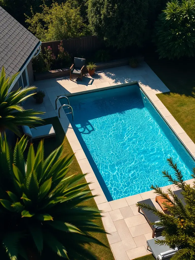 A high-angle shot of a newly installed fibreglass pool in a modern backyard, showcasing its sleek design and crystal-clear water, emphasizing the quick installation benefit.
