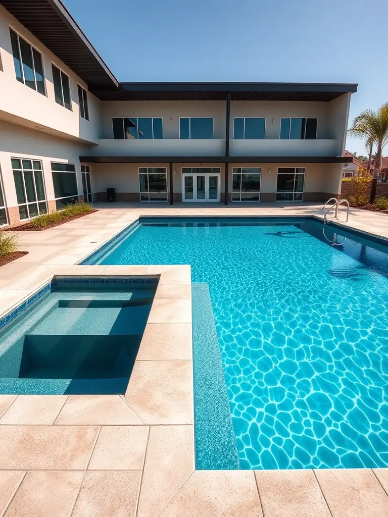 A wide shot of a large, custom-designed fibreglass pool at a commercial property, highlighting its durability and suitability for high-traffic use.