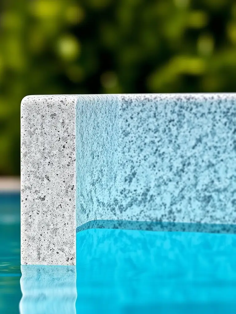 A close-up of a fibreglass pool's surface, demonstrating its UV-resistant finish and non-slip texture, emphasizing the long-term durability and safety features.